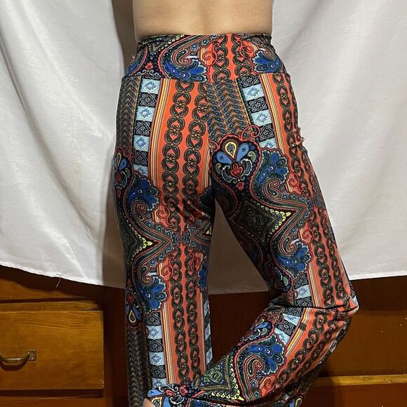New Multicolor Boho High Rise Flare Wide Leg Palazzo Pants Butter Soft - Picture 8 of 11